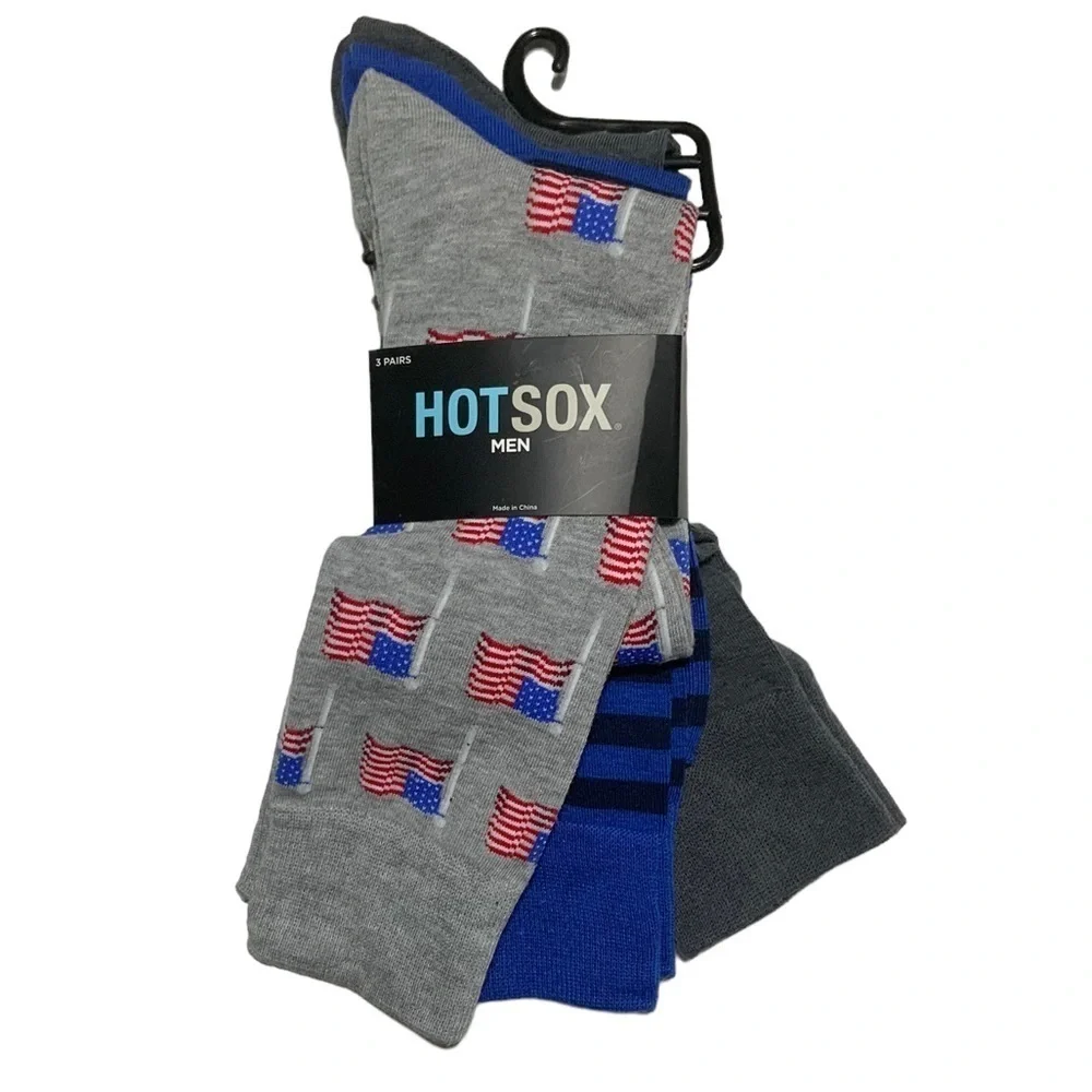 Hot Sox 3 Pack Flag Patriotic Theme Novelty Dress Crew Socks Gift Men’s Unisex